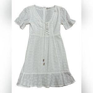 Here Comes the Sun Midi Dress Womens XS White Tie Front Eyelet Broderie Anglaise